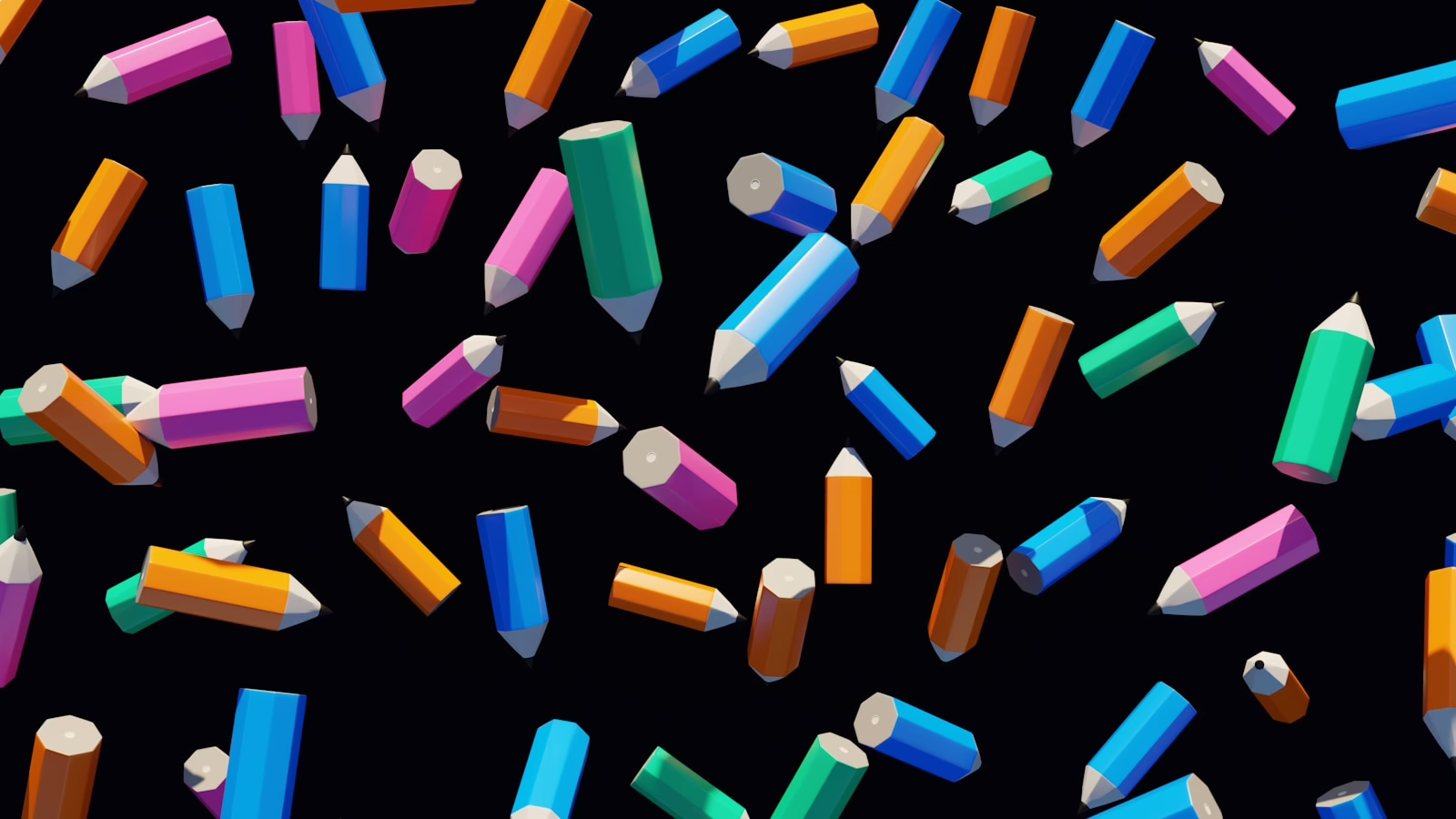 Colorful pencils falling against a black background.